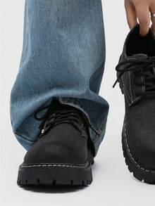 Zapatos Derby de malla negra vintage para hombres, zapatos con suela gruesa elevadora, estilo británico Oxford desgastado, zapatos retro de alta gama para papá, nuevos zapatos Derby de suela gruesa con estilo punk personalizado para hombres, zapatos casuales de mezclilla - Negro - Ver 3