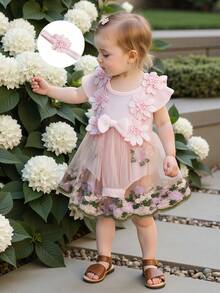 Baby Girl Romper Dress Set - Round Neck Floral Embroidery Mesh Skirt Hem Bodysuit with Headband Baby Girl Romper Dress Set - Round Neck Floral Embroidery Mesh Skirt Hem Bodysuit with Headband Baby Girl Headband Romper Dress - Round Neck Floral Embroidery Mesh Skirt Infant Bodysuit Set - Rosa - Ver 10
