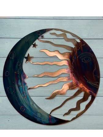 1pc Metal Wall Art Decor - Sun, Moon & Stars 3D Facial Celestial Sculpture, Indoor/Outdoor Hanging Ornament For Porch, Lawn, Garden, Garden Wall Art | Celestial Theme | Durable Metal Art, Moon Decor