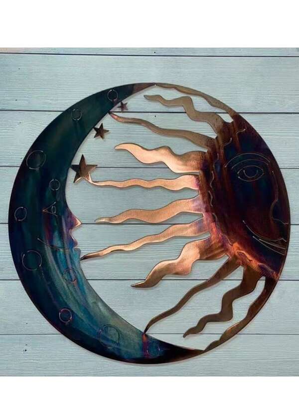 1pc Metal Wall Art Decor - Sun, Moon & Stars 3D Facial Celestial Sculpture, Indoor/Outdoor Hanging Ornament For Porch, Lawn, Garden, Garden Wall Art | Celestial Theme | Durable Metal Art, Moon Decor