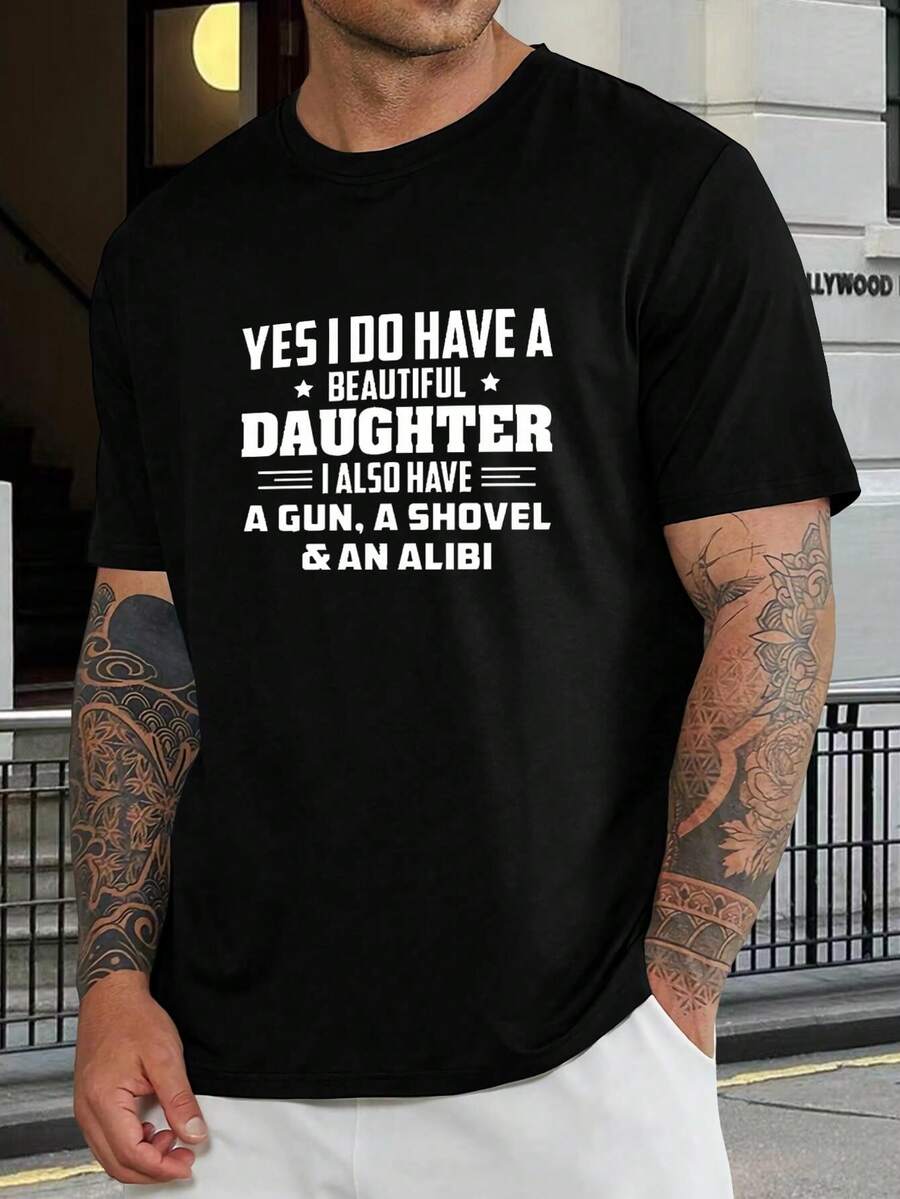 Camiseta divertida de papá - Camiseta gráfica de papá protector - Tengo una hija hermosa - Regalo del Día del Padre - Regalo de cumpleaños para papás - Camiseta casual de manga corta para hombre - Negro - Ver 1
