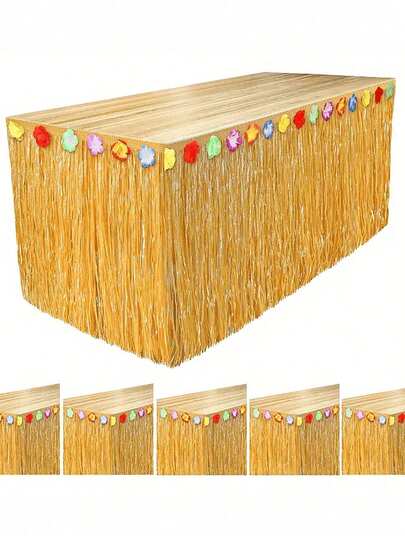 1 pieza Falda de mesa de hierba amarilla de paja para fiesta hawaiana, falda de mesa hawaiana para decoración de fiesta de disfraz tropical hawaiana