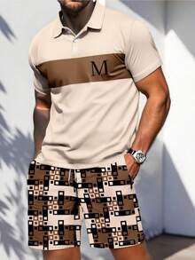 Men's Geometric Print Short Sleeve Polo Shirt And Shorts Set, Vacation Style - Multicolor - View 1