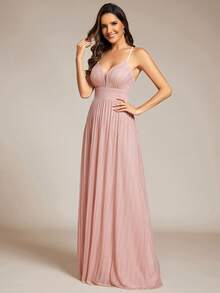 EVERPRETTY 深V领、细肩带、褶皱、交叉后背设计伴娘礼服 - 粉色 - 查看 1