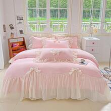 MOOWOO Chic Lace & Bow Comforter Set For Women | Ruffled Bedding Collection With Pillowcases |  Home Elegance,Pink - Hồng - Xem 2