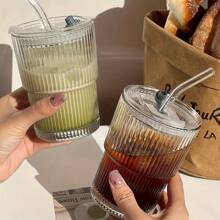 Heat Resistant Glass Coffee Cup With Lid And Straw - Leak Proof Portable Hot Drink Cup, Suitable For Office And Outdoor Travel, Fashionable Straw Cup, Simple Coffee Cup With Lid, Transparent Glass Straw Cup, Office Coffee Cup, Glass Coffee Cup With Lid And Straw, Straw Cup With Lid, Coffee Cup With Straw, Beverage Cup With Lid And Straw Back To School