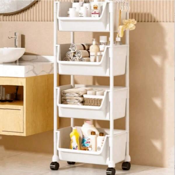1PC 3/4-Layer Mobile Storage Rack With Wheels, Bathroom Rolling Utility Cart, Portable Bookshelf, Children's Toy Organizer, Simple Bookcase, Snack Storage And Organization, Vanity Cosmetic Gap Storage Rack, Kitchen Utensil Organizer, Multifunctional Plastic Serving Trolley For Home Bathroom, Kitchen, Living Room, Study Room, Suitable For Home Storage, Home Decor, Multifunctional Non-Drilling, Easy Installation (White)