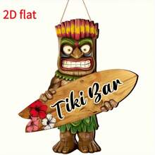 1 Señal de bar de estilo tiki hecha a mano de madera - Estatua tropical tiki y colgante de tabla de surf con orquídea colorida, decoración de estilo bohemio, adecuada para terrazas, jardines, fiestas de verano y decoraciones con temática hawaiana y luau