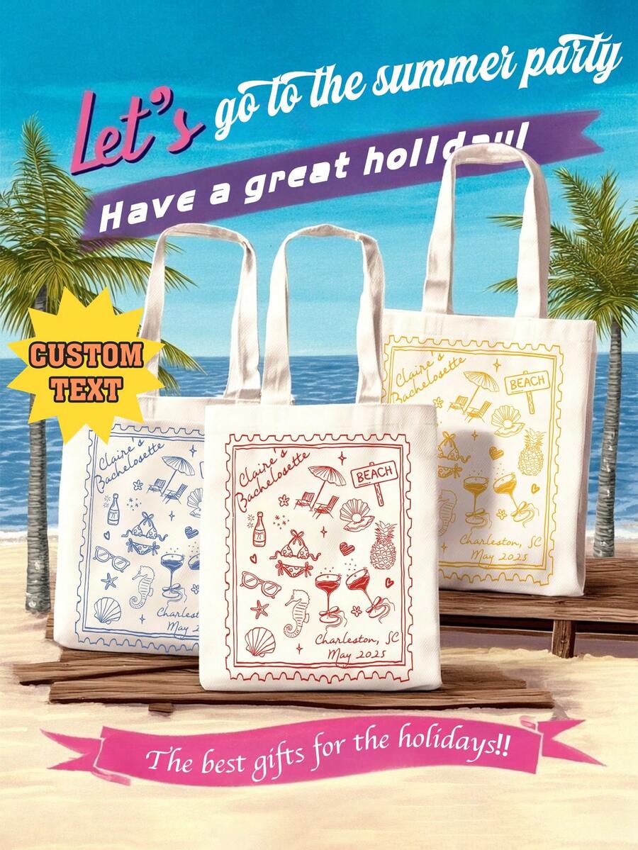 1 Custom Canvas Tote Bag, Beach Bag, Seaside Bridal Party Gift, Nautical Beach Bridal Bag, Cocktail Party Gift, Foldable Canvas Bag, Unique, Lightweight, Large Capacity, Casual, And Stylish, Suitable As A Tote Bag, Shoulder Bag, Casual Bag, And Shopping Bag. - Multicolor - View 1