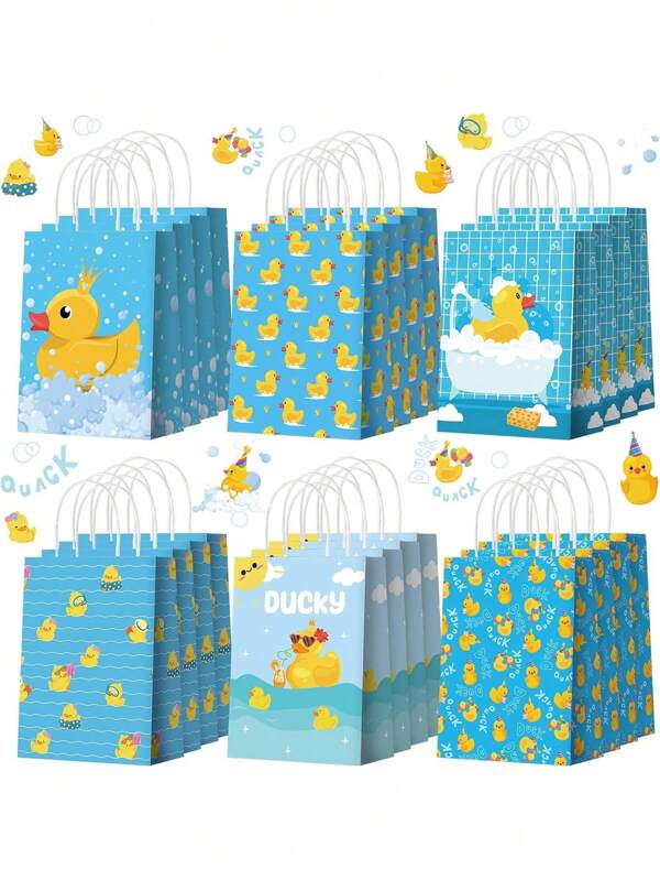 6/12pcs Yellow Duck Paper Bags With Handles Rubber Duck Snack Gift Bags Candy Gifts Party Favors Tote Bags For Birthday Duck Blue Party Supplies