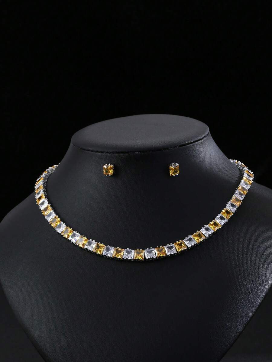 1 Set mit 3 Stücken orientalischer Stil minimalistischer Zirkonia Halskette & Ohrringe Set, elegant für Braut-Hochzeit, formelle Party, Verlobung, hochwertiges Schmuckgeschenk für Frauen