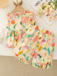 Set de 2 piezas de ropa de verano para niña bebé con top sin mangas y pantalones con estampado de flores en estilo de pintura al óleo, conjunto casual y dulce para vacaciones - Amarillo - Ver 2