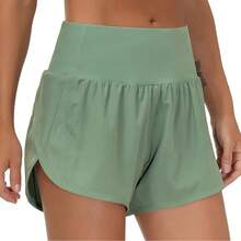 Womens High Waisted Running Shorts Quick Dry Athletic Workout Shorts With Mesh Liner Zipper Pockets - Army Green - View 2
