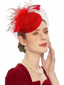 Pillbox Fascinator Hat With Veil For Tea Party Or Cocktail - B-red - View 1