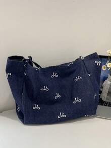 新款韩版休闲时尚百搭蓝色极具吸引力蝴蝶结水洗帆布托特包，适合通勤、旅行、购物、学生返校、大容量甜美女士手提包