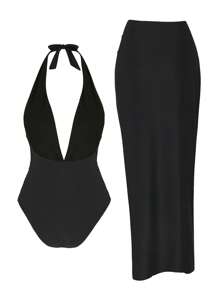 2pcs/Set Summer Beach Swimsuit: Starfish Print Swimsuit And High Slit Maxi Skirt - Black - View 5