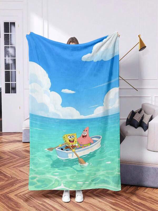 SPONGEBOB 1pc SpongeBob Printed Blanket - Warm Flannel, Digital Printing Multi-Colors, All-Season Tear-Resistant, Washable, Suitable For Sofa, Bed, Office, Camping, Travel, Birthday & Holiday Gifts - 200-250g Polyester Filling, Holiday Gift | Retro Patchwork | Soft Flannel Fabric