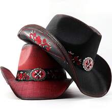 Women Men Cowgirl Hat Western Belted Sun Holiday Beach Straw Hiking Cap - Đỏ - Xem 5