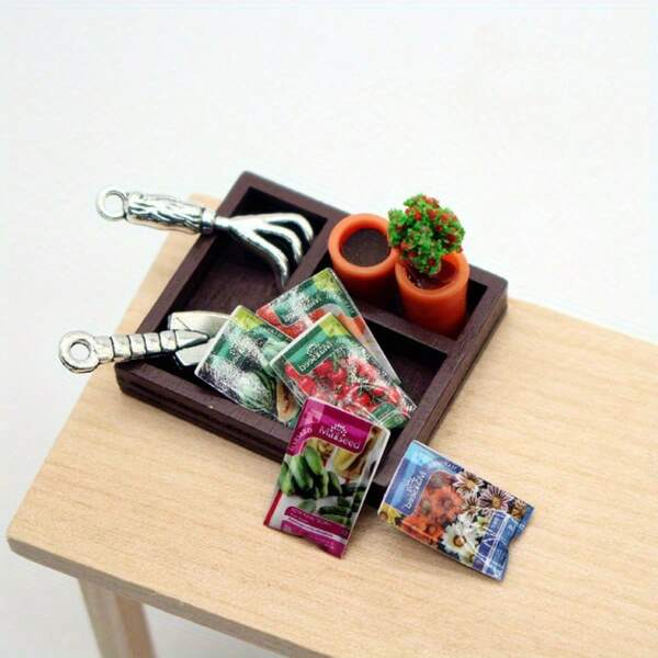 10-Piece Dollhouse Gardening Set Miniature Model,Including A Wooden Box,Alloy Shovel,Resin Potted Plant,And Plant Seeds,Suitable For Dollhouse Home And Courtyard Garden Scene Decoration