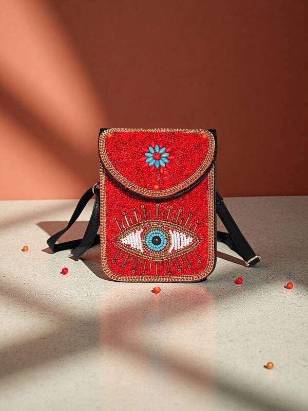 Borsa da cellulare bohémien con perline, borsa a tracolla mini con motivo ad occhio rosso, portafoglio con patta per donna