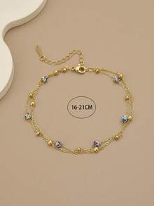 1pc Double Layer Sparkling Blue Rhinestone Beaded Stainless Steel Anklet/Bracelet For Women (Handmade Chain, Bead Quantity May Vary, Actual Length Prevails) - Yellow Gold - View 10