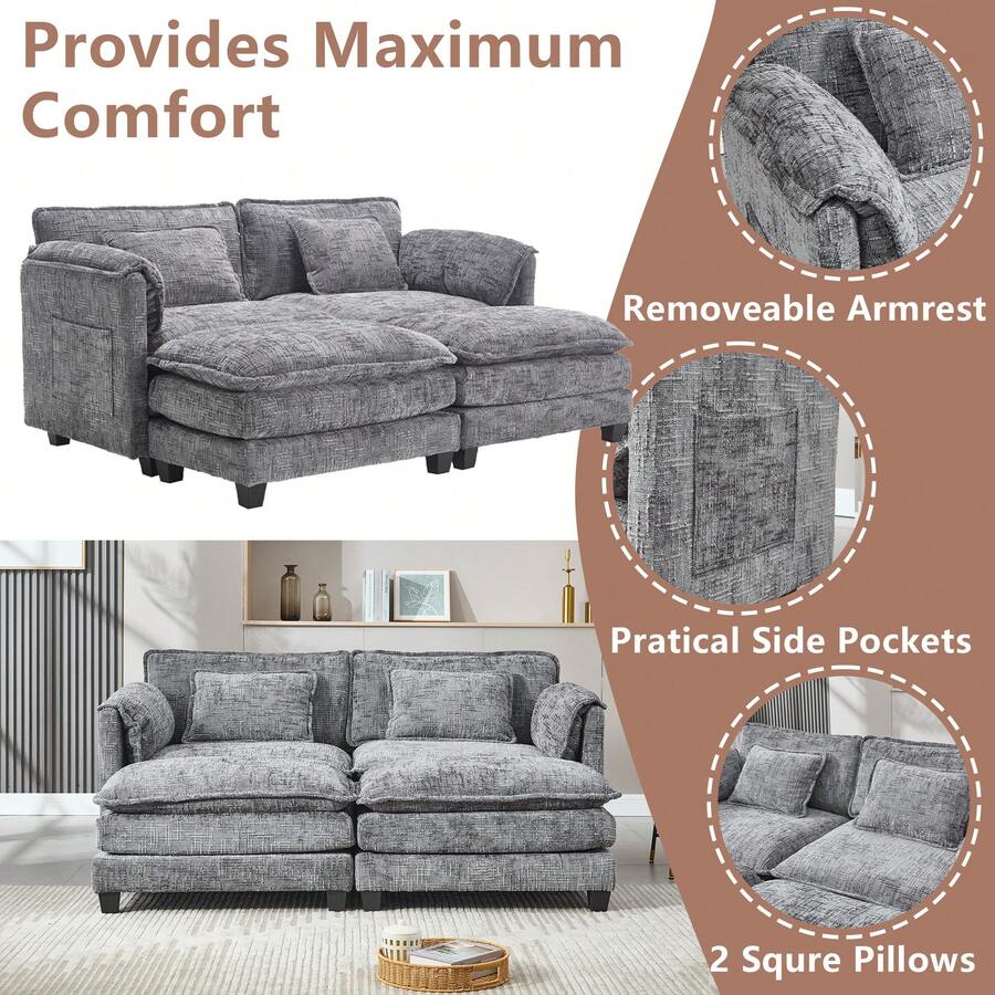 Cómodos muebles de chenilla para sala de estar, construcción sólida, la estructura general del sofá es estable, reposabrazos desmontables, dos reposapiés y sofá de dos plazas con bolsillos laterales (gris + chenilla) - Gris - Ver 1