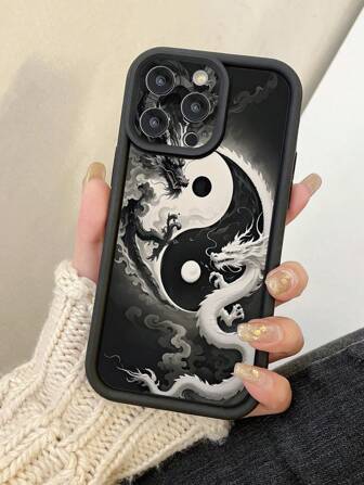 1pc Black & White Dragon Totem Pattern Phone Case, Shockproof Design With Camera Protection, Thick Black Cover Compatible With IPhone 11 Pro Max, 12 Pro Max, 13 Pro Max, 14 Pro Max, 15 Pro Max, 16 Plus, 16 Pro Max, 16E, Galaxy A55, A15, S24 Ultra, S25 Ultra, Redmi, OPPO, Realme, VIVO, Infinix, Honor, MOTO, OnePlus