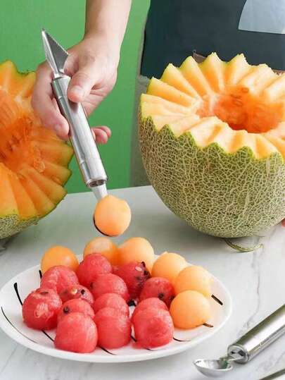 3pcs/Set Stainless Steel Fruit Ball Scooper, Dual-Head Melon/Ice Cream Scoop, Carving Knife - Beginner Fruit Plating Master, Stainless Steel Ice Cream Scoop, Cookie Dough Scoop, Baking Cookie Scoop, Ice Cream Scoop With Trigger Release, Fruit Cookie Scoop, Cupcake Scoop