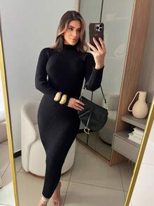 RIBBED DRESS WITH ELEGANT SLEEVES HIGH QUALITY MODAL AUTUMN AND WINTER - Black - View 5