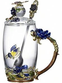 Flower Teacup Transparent Glass Teacup, (With Spoon   Lid), Fancy Tea Cups, Flower Tea Cup,Tea Cup Gift, Gifts For Women,Mother's Day Present,Gift Box. (Rose Blue High Cup) - 玫瑰藍高杯 - 查看 1