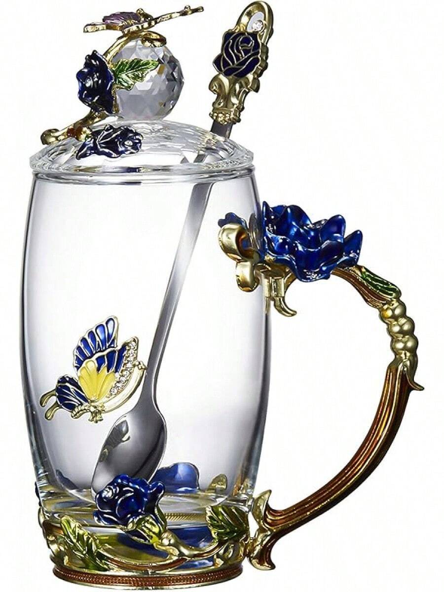 Flower Teacup Transparent Glass Teacup, (With Spoon Lid), Fancy Tea Cups, Flower Tea Cup,Tea Cup Gift, Gifts For Women,Mother's Day Present,Gift Box. (Rose Blue High Cup) - 玫瑰藍高杯 - 查看 1