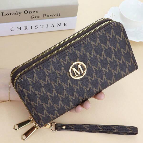 Vintage Women Clutch - Triple Zipper Closure, Woven Pattern With Golden "M" Logo, Comes With Wrist Strap And Multiple Card Slots, Suitable For Daily Use, Multi-Function Wallet | Textured Accessory, Available In Brown, White, And Pink Colors
