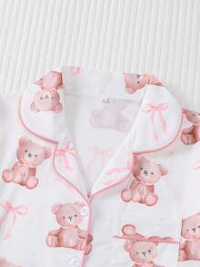 2 件套女士泰迪熊印花睡衣套装，包括带领和纽扣的短袖衬衫和宽松弹力短裤，漂亮时尚外套睡衣套装，休闲全季居家/户外睡衣 - 白色 - 查看 3