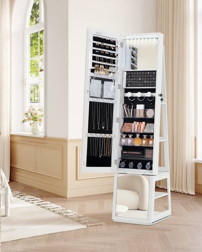 16 LEDs Jewelry Cabinet Armoire With 360° Rotating Base, 63" Standing Jewelry Organizer, Lockable Full-Length Mirror, 4-Tier Storage Shelves, 4-In-1 Multifunctional