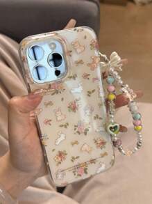Funda de teléfono suave con flores y conejo compatible con iPhone 16 Pro Max, 15, 14 Pro, 13, 12, 11 Plus, cubierta encantadora con cadena y cordón