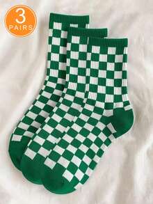 1 Pair Solid Color Checkerboard Pattern Unisex Mid-Calf Socks, Casual Sports Outdoor Wear, Fall - Green - View 11