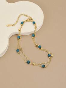 1pc Double Layer Sparkling Blue Rhinestone Beaded Stainless Steel Anklet/Bracelet For Women (Handmade Chain, Bead Quantity May Vary, Actual Length Prevails) - Yellow Gold - View 12