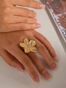 1pc Fashionable Five Leaf Flower Opening Ring Suitable For Women's Daily Holiday Wear, Jewelry Gift