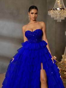 华丽亮片连衣裙，层叠雪纺裙摆，高开衩设计 | 适合正式晚宴、婚礼和戛纳派对的奢华晚礼服 - 寶藍色 - 查看 7