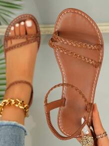 Newly Designed Plus Size Women Casual Comfortable Round Toe Woven Slip-On Sandals With Elastic Straps, Simple Minimalist Flat Beach Shoes For Summer