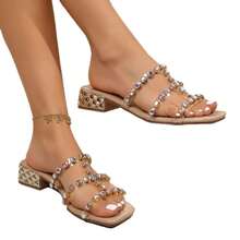 Square Toe Chunky Heel Sandals - Gold - View 4