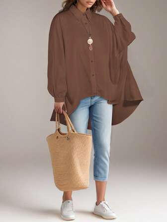 Long Sleeve Shirt Women Casual Autumn Winter White Batwing Sleeve Button Front Top