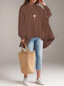 Camisa de manga larga para mujer, casual de otoño e invierno, blanca, con mangas tipo murciélago y cierre delantero con botones