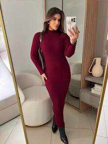 RIBBED DRESS WITH ELEGANT SLEEVES HIGH QUALITY MODAL AUTUMN AND WINTER - Redwood - View 2