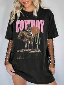 Women's Stylish T-Shirt Printed Cowboy Cakto Printed New Arrival 100% Cotton T-Shirt Loose Oversized Plus Size T-Shirt - 黑色 - 查看 1