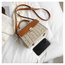 Square Woven Beach Bag, Contrast Color Stitching, Textured Crossbody Bag For Women