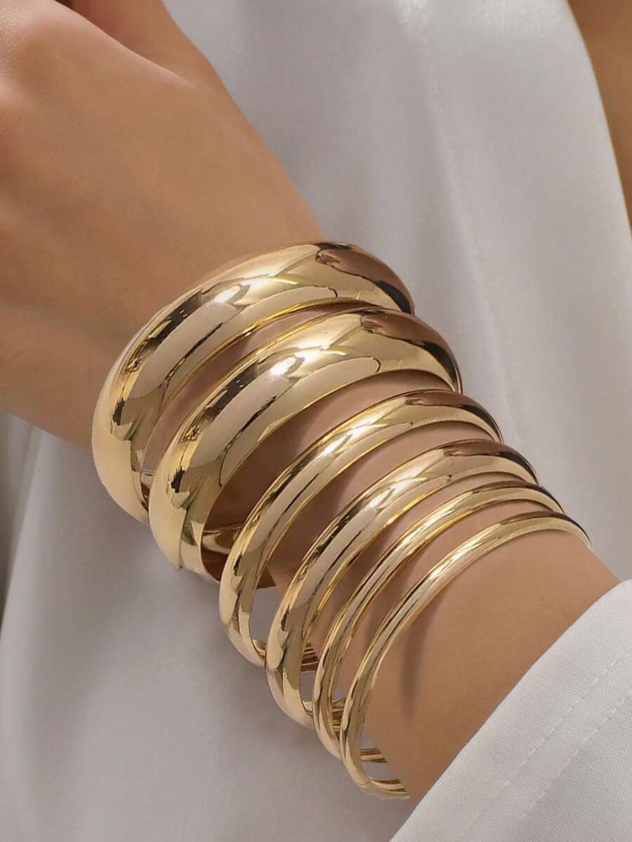 6 件复古金色简约光滑圆形手镯套装，时尚街头风格夸张女士珠宝配饰