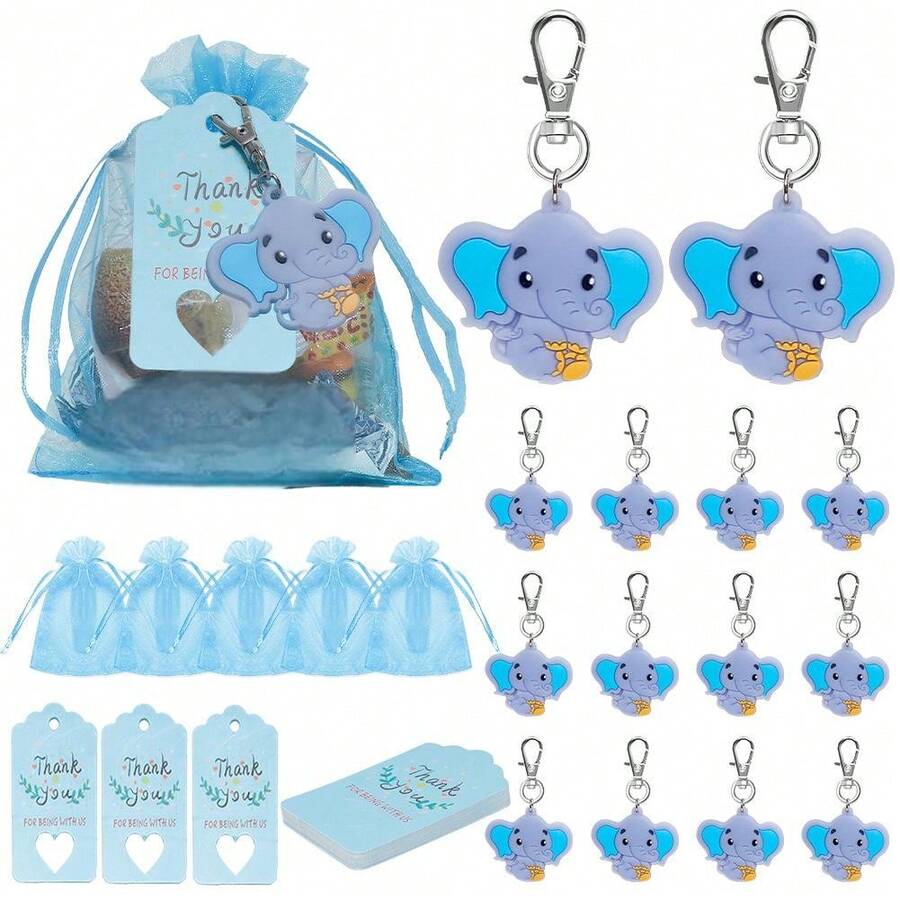 60 piezas/20 sets Llaveros de elefante para baby shower, incluye 20 llaveros de elefante, 20 etiquetas de agradecimiento, 20 bolsas de regalo, adecuado para baby shower con tema de elefante, cumpleaños de niño/niña, Navidad, graduación, inauguración de casa, San Valentín, aniversario, despedida de soltera - Celeste - Ver 1