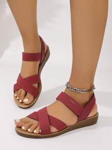 Sandalias planas tipo slip-on para mujer con elástico cruzado, de tela tejida bohemia, para el verano