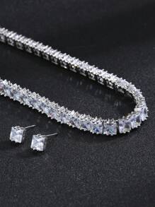 1 Set mit 3 Stücken orientalischer Stil minimalistischer Zirkonia Halskette & Ohrringe Set, elegant für Braut-Hochzeit, formelle Party, Verlobung, hochwertiges Schmuckgeschenk für Frauen